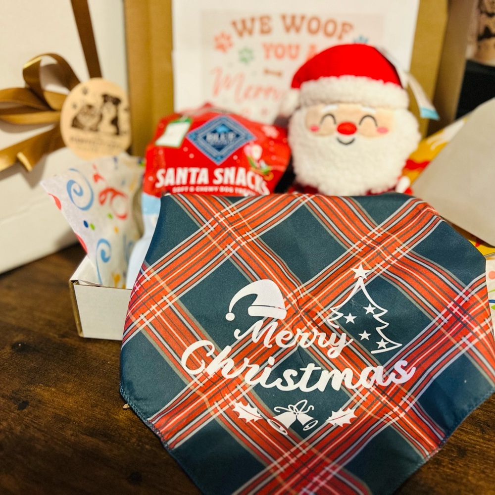 Holiday Plaid Dog Bandana, Holiday Treats and Toys